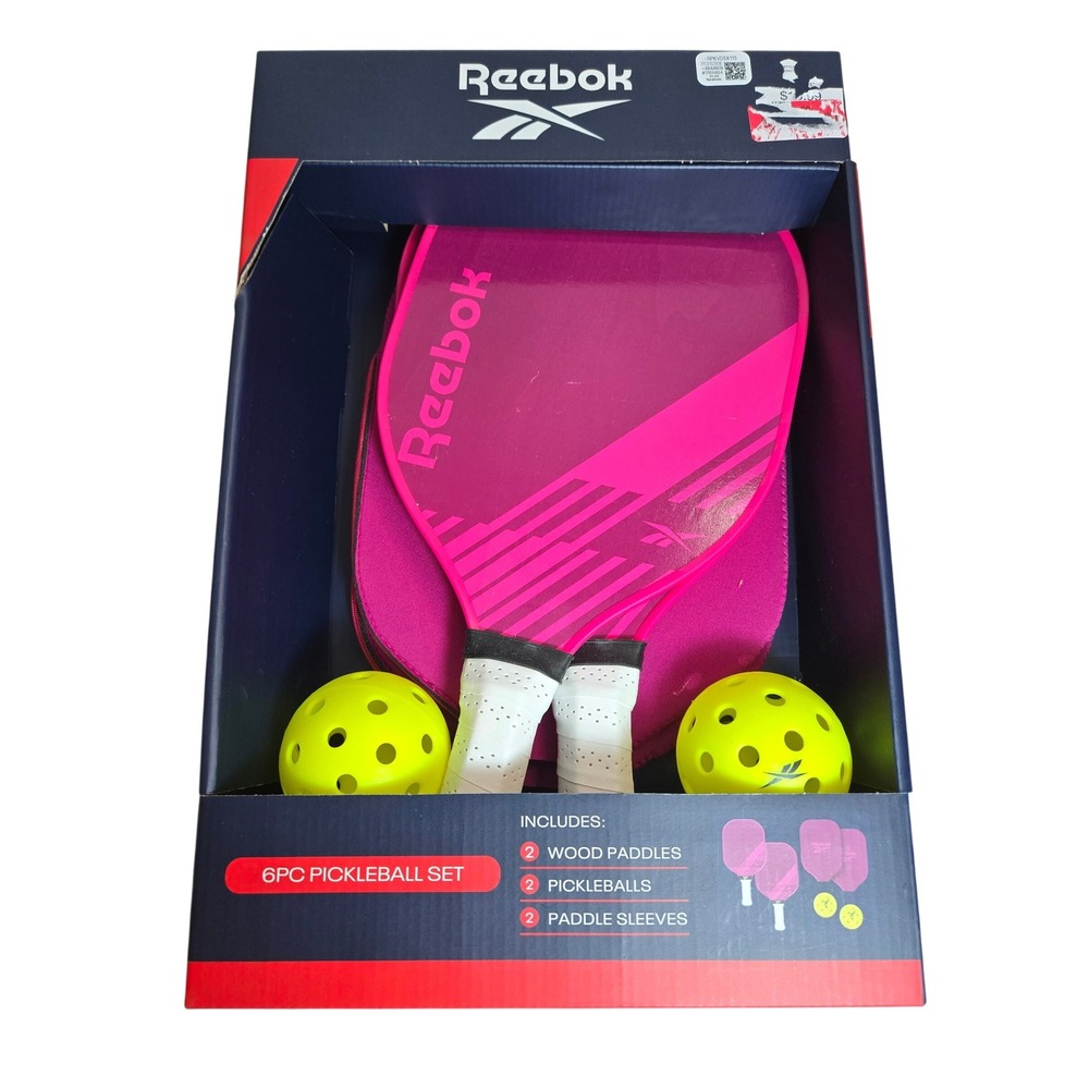 Reebok 6 Piece Pickleball Set 2 Wood Paddles 2 Balls 2 Sleeves Pink